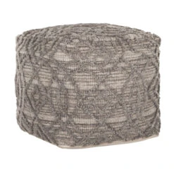 Vierkante Poef Grijs Wol